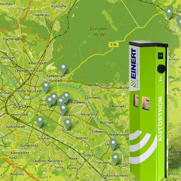 Der Stadtplan von Dresden zeigt Standorte der ersten Ladesäulen.